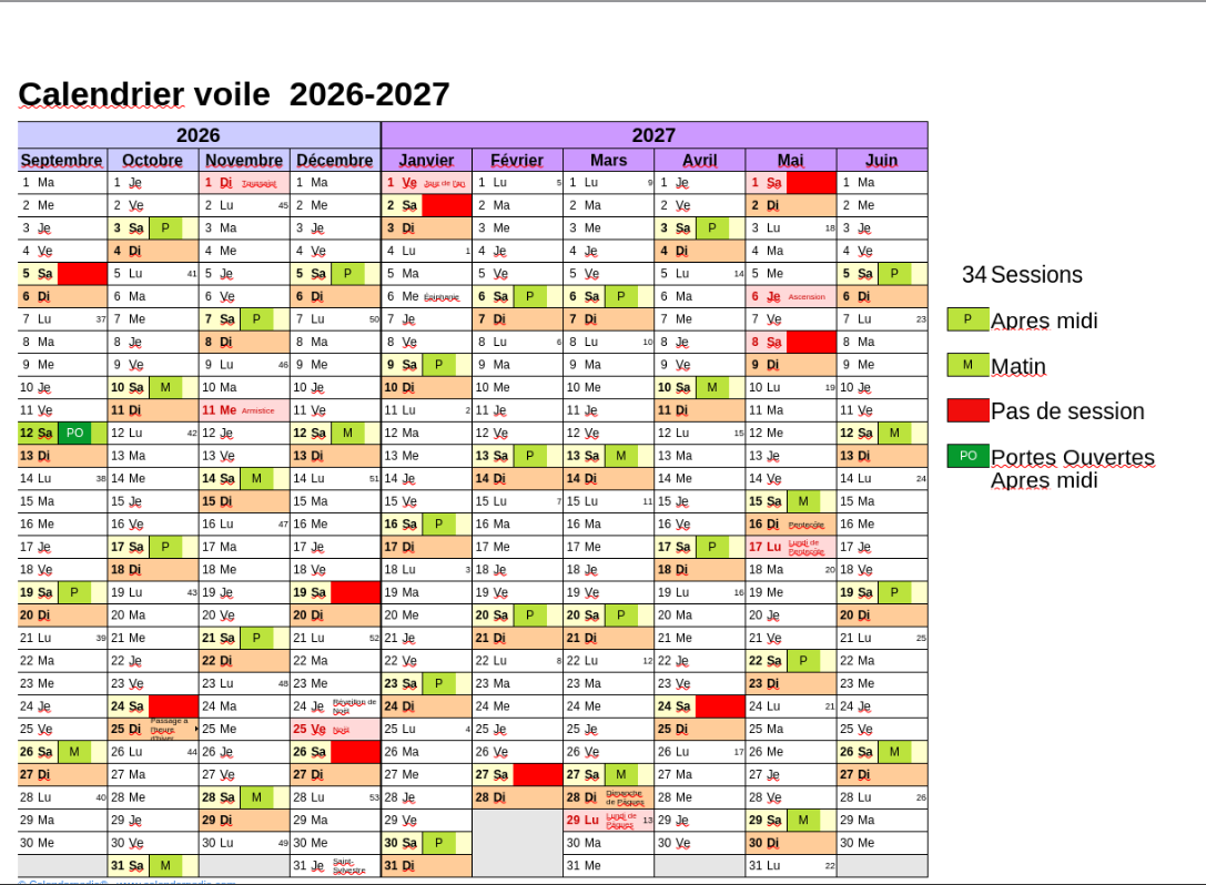 Planning des cours adultes 2026-2027